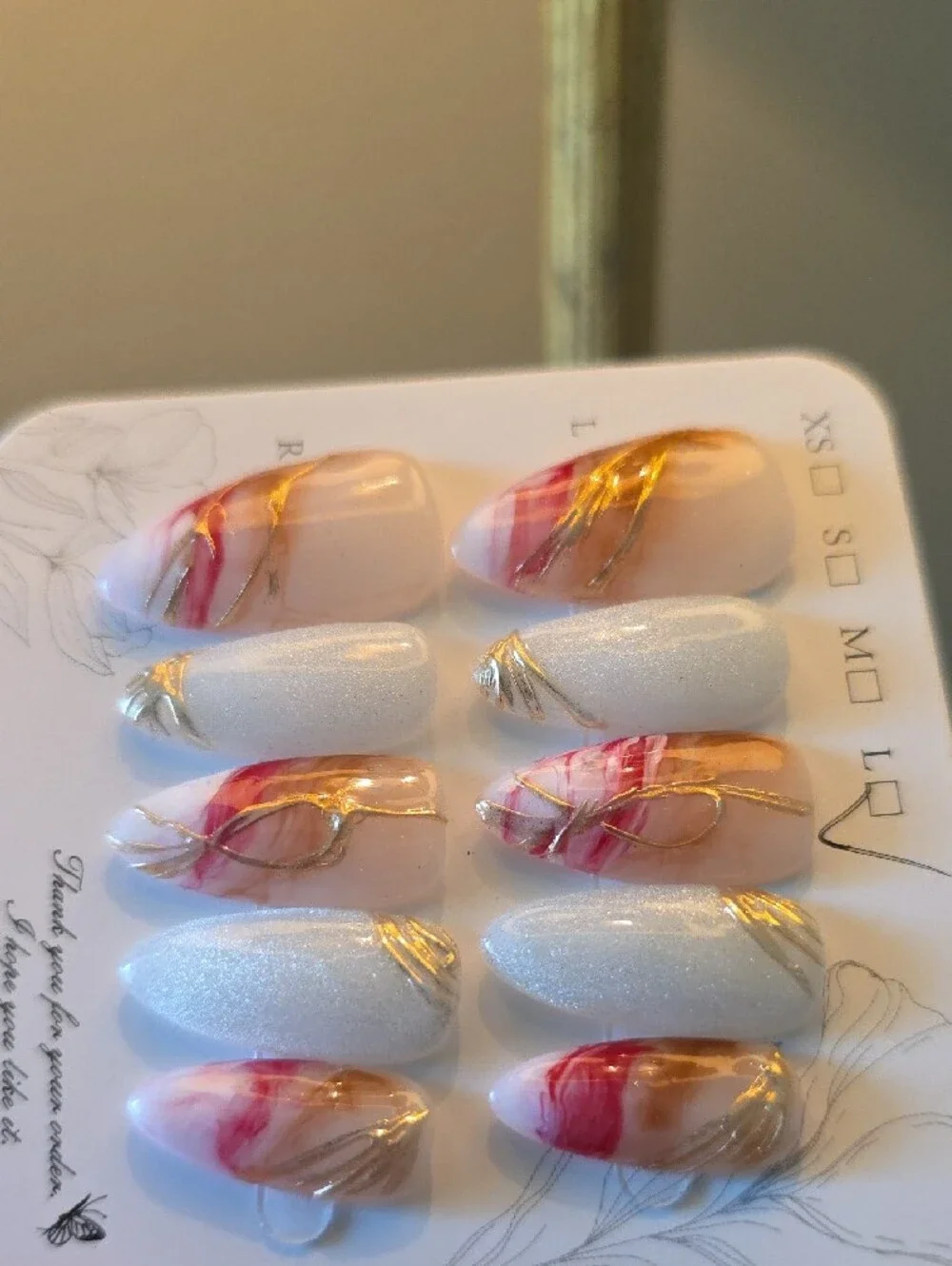 Hand-Painted Pink Marble & Gold Accent Press-On Nails Size Large